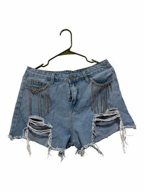 Frayed Distressed Blue Denim Shorts with Chain Fringe